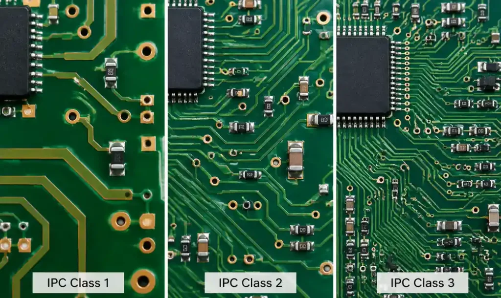 IPC Class 1, 2, and 3 PCB trace width and spacing comparison showing different quality levels