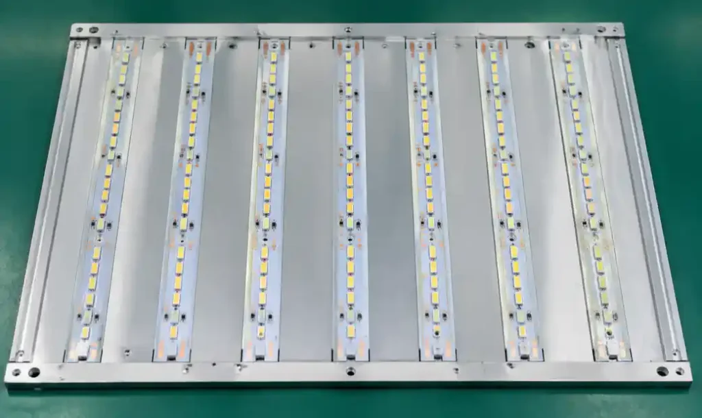 MCPCB panel with multiple LED strips arranged for automated assembly