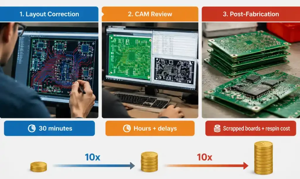 PCB design cost escalation stages from layout to manufacturing