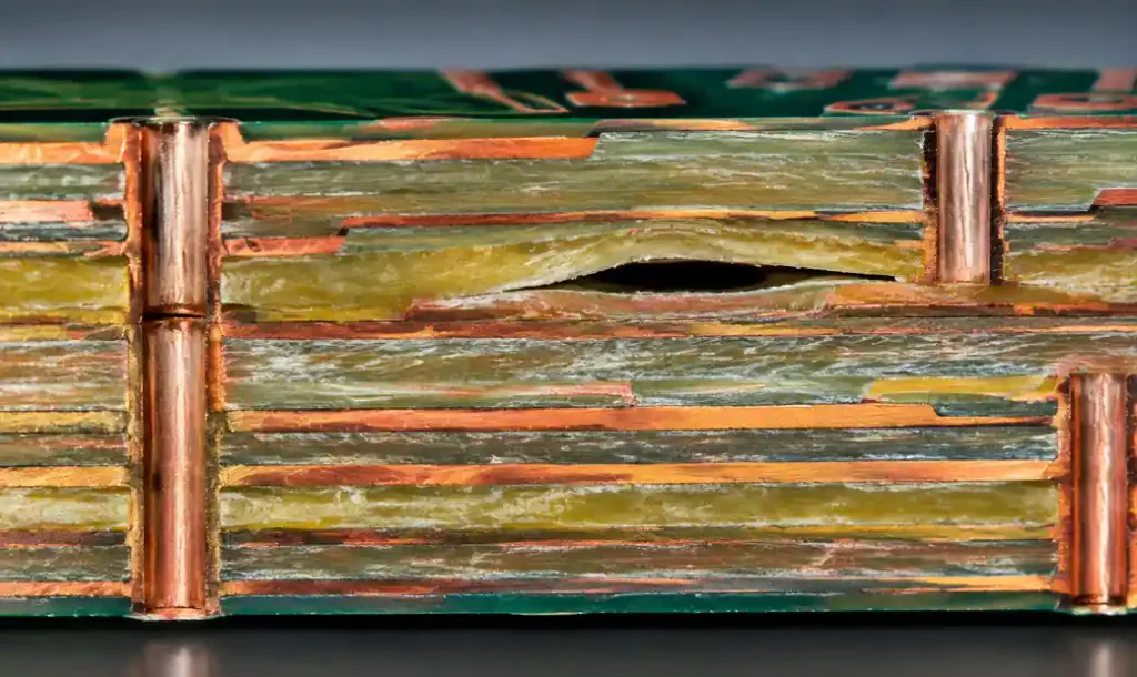 Multilayer PCB cross-section showing lamination layers and potential void locations