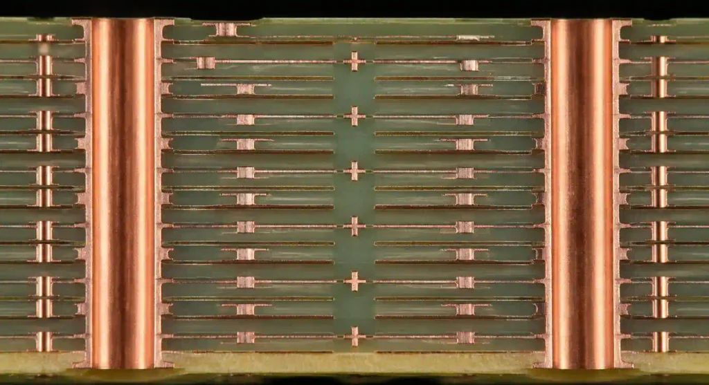 50-layer PCB with layer alignment measurement showing registration targets and via positions
