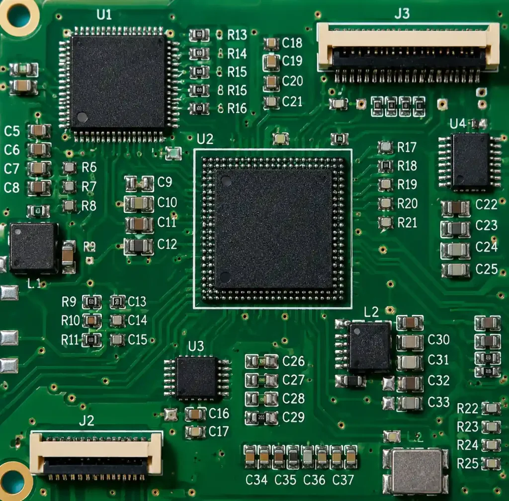 High-density PCB showing tight component spacing with clear silkscreen markings