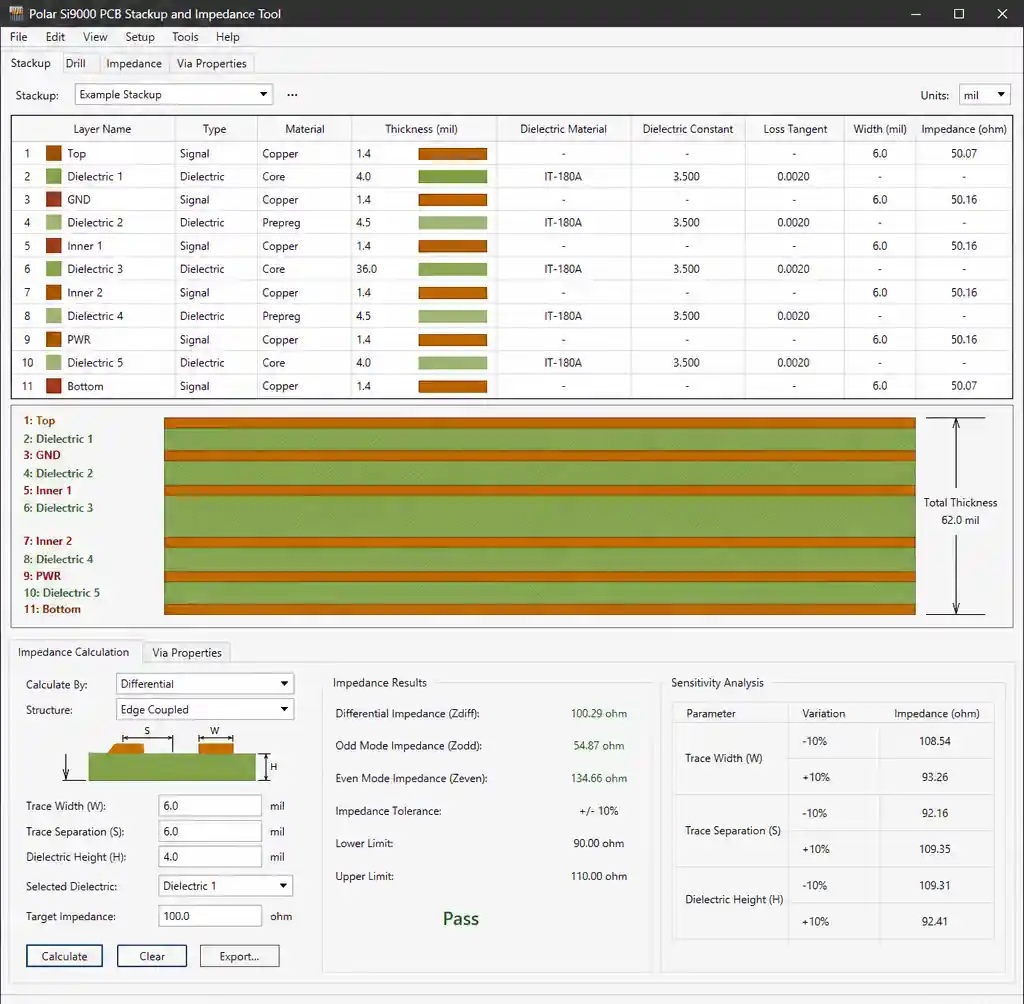 PCB stackup calculator software interface showing layer configuration