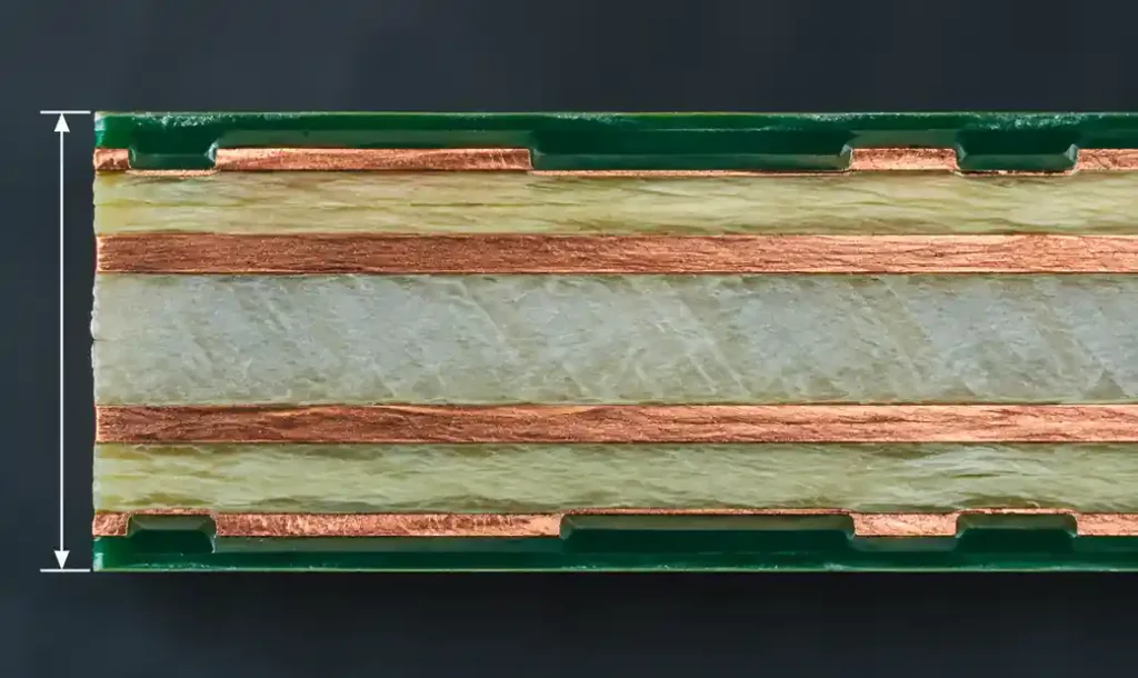 PCB thickness measurement showing layer stackup cross-section