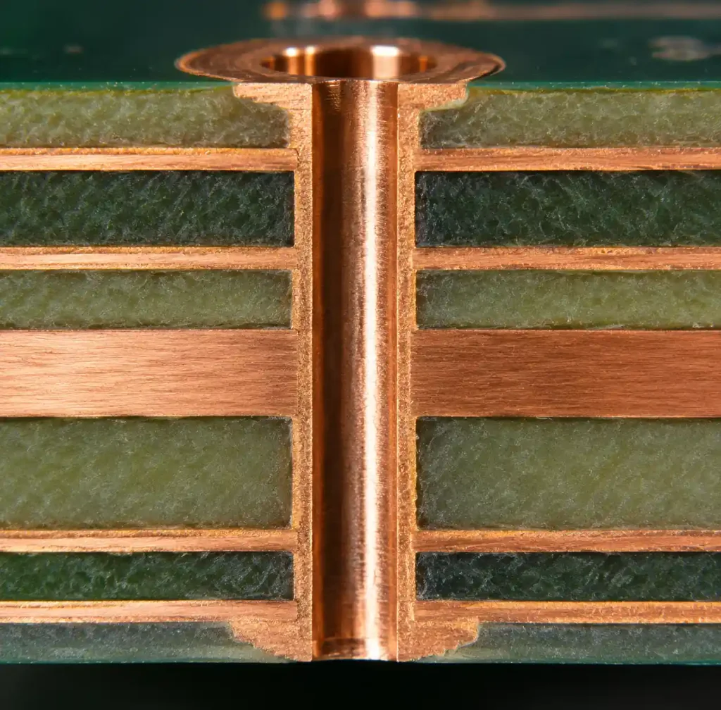 Cross-sectional view of PCB thermal via structure showing copper plating and heat transfer path