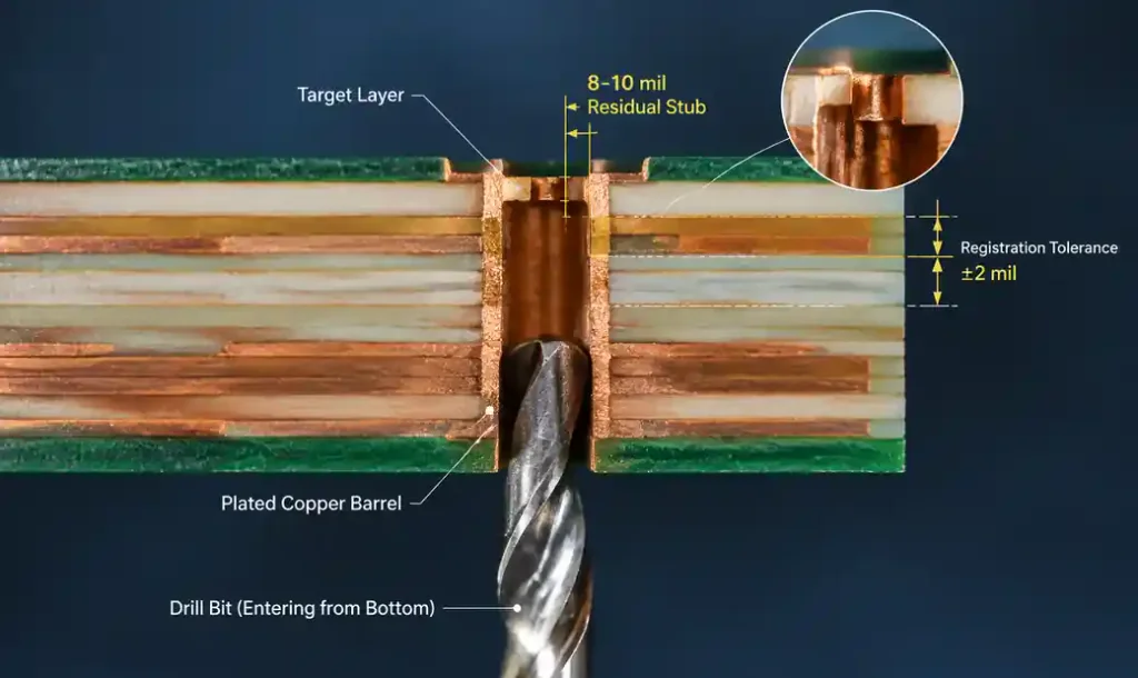 Back drilling process with CNC controlled depth drilling on PCB via