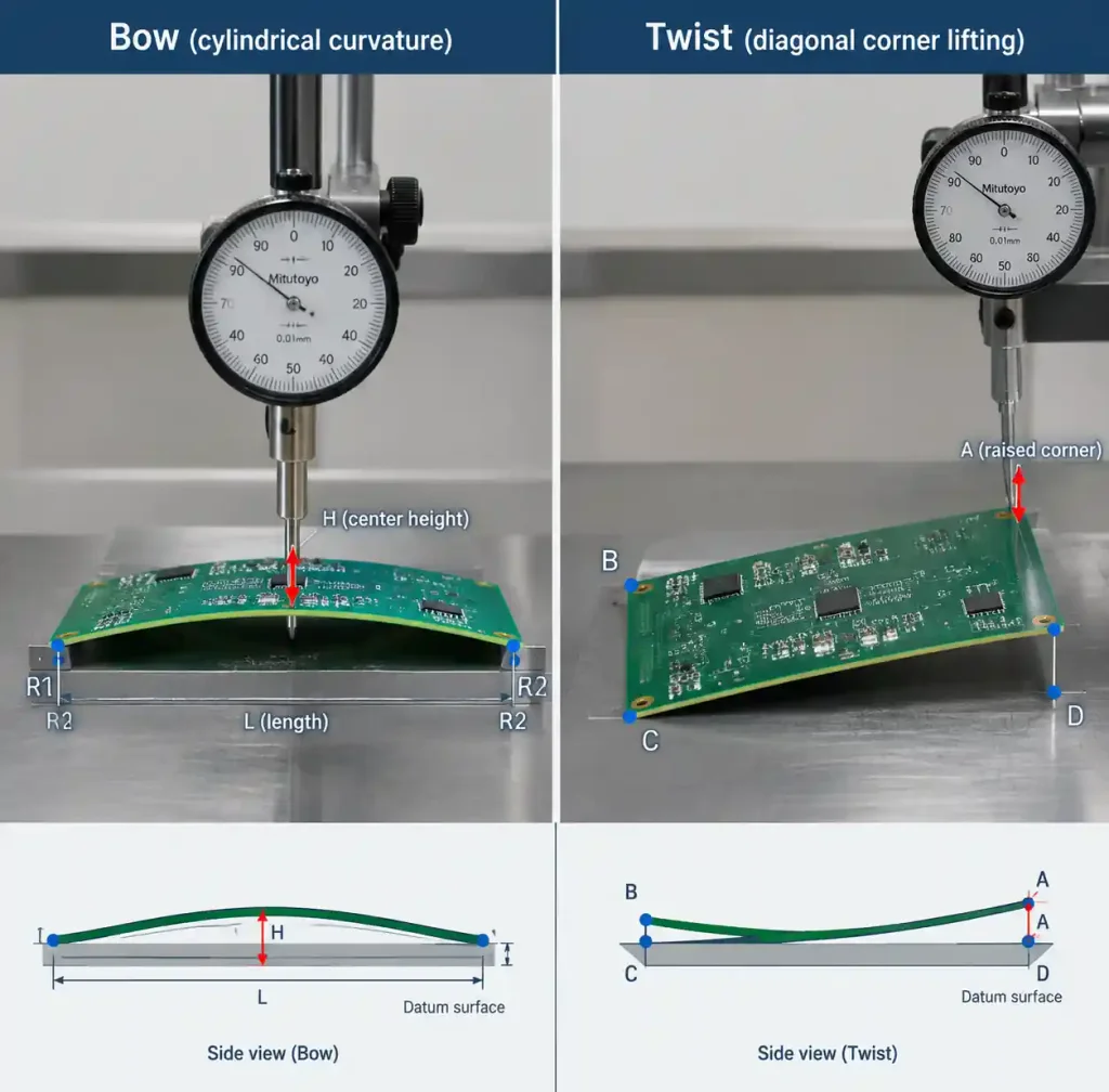 Diagram illustrating bow versus twist measurement on PCB