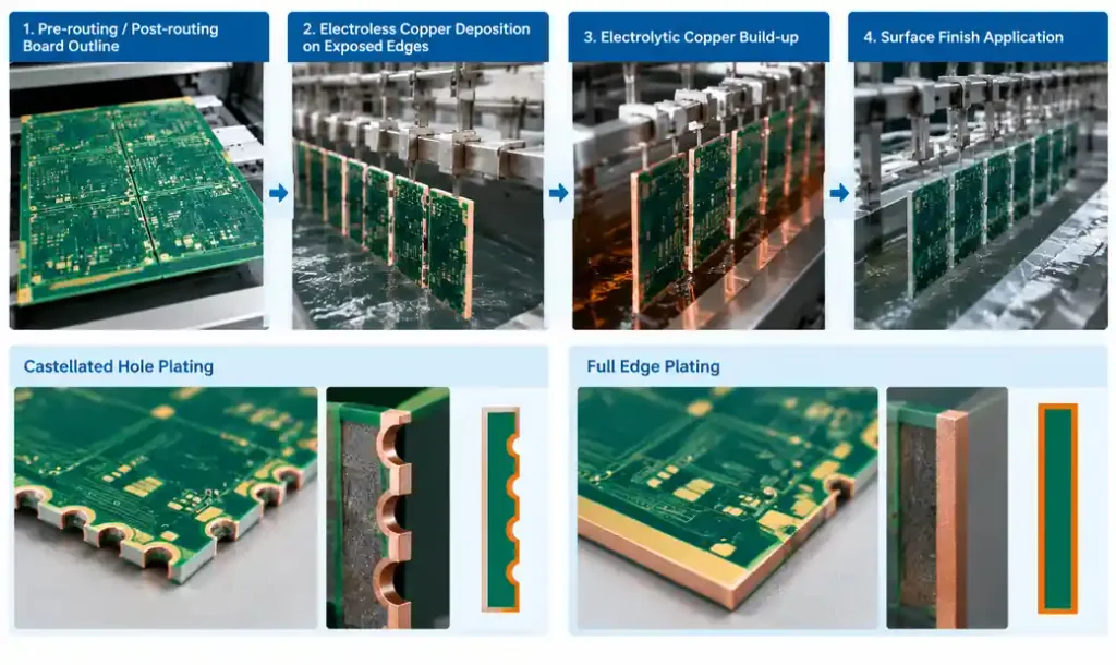 PCB edge plating manufacturing process showing routing and copper deposition stages