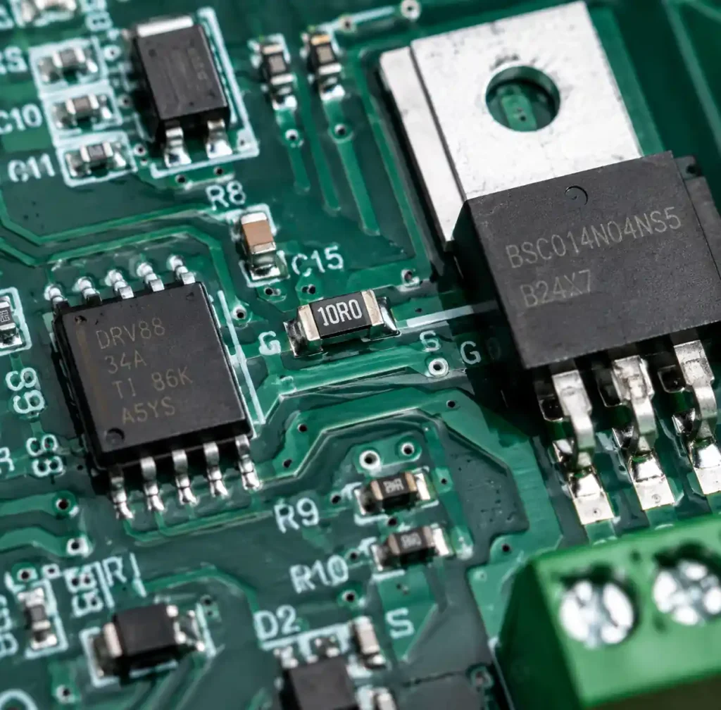 Gate driver IC placed within 10mm of MOSFET gate terminal on PCB