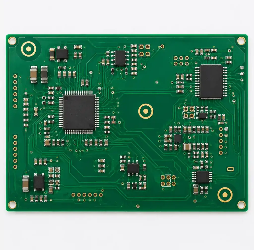 Three global fiducials placed in diagonal pattern on rectangular PCB