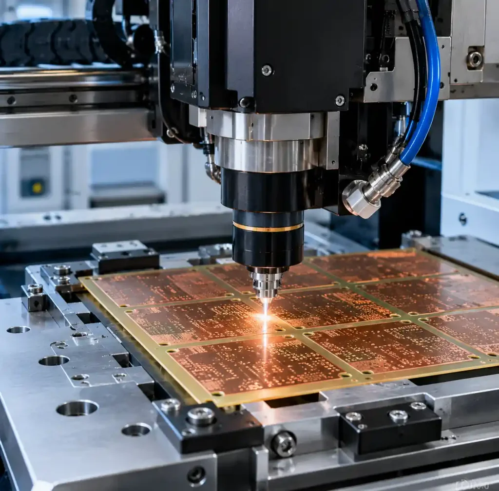 CO2 laser drilling equipment creating microvias in HDI PCB panel