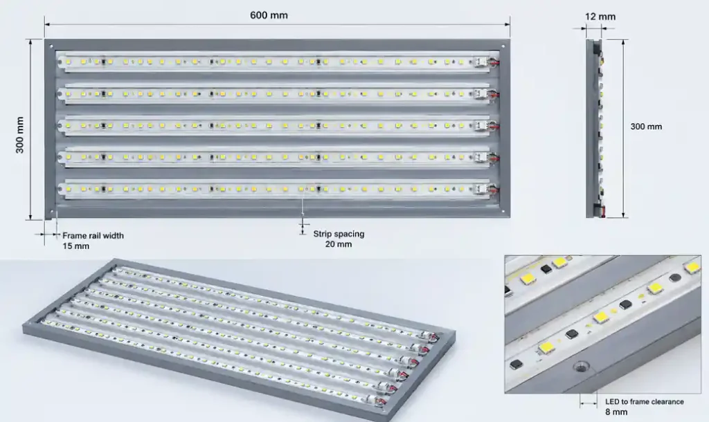 Linear LED strip panel layout showing single-row and double-row configurations