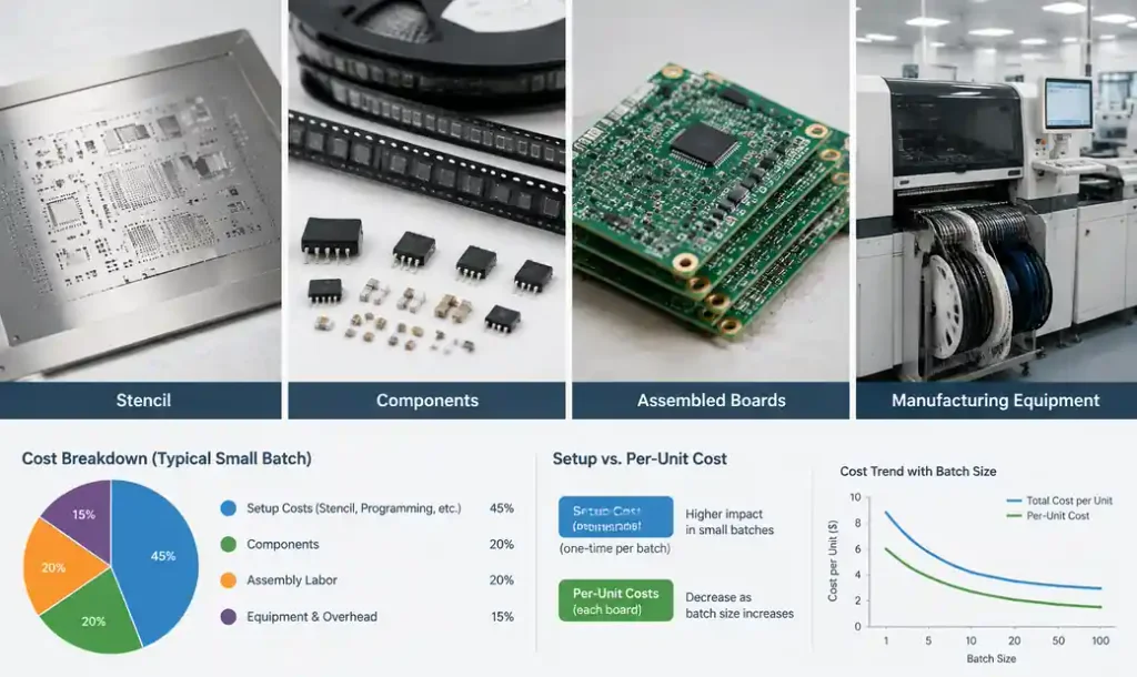 PCB assembly cost structure showing setup fees and component pricing