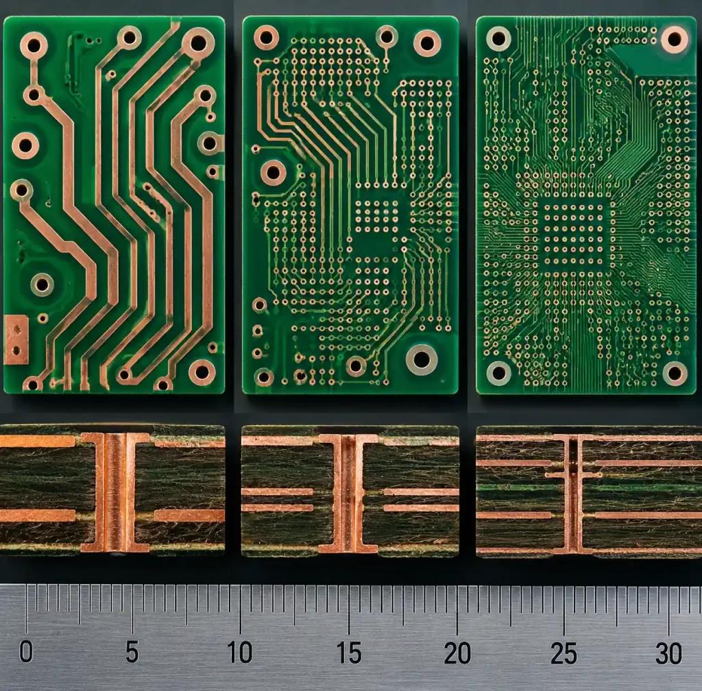 Standard versus advanced PCB manufacturing capabilities showing trace width differences