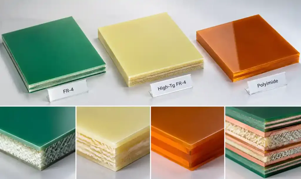 PCB substrate materials comparison showing FR-4 and polyimide laminates