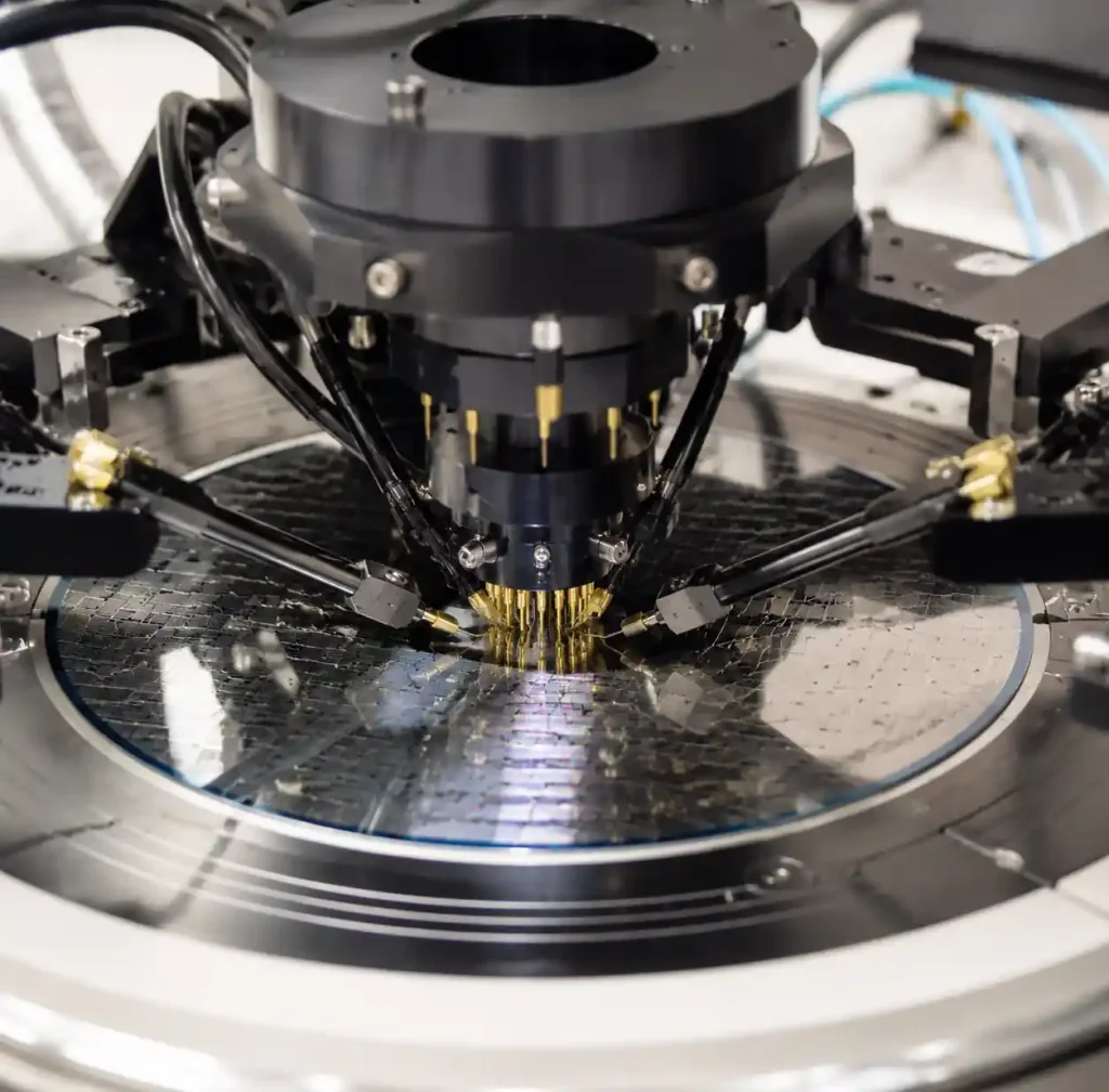 Probe card making contact with semiconductor wafer during testing