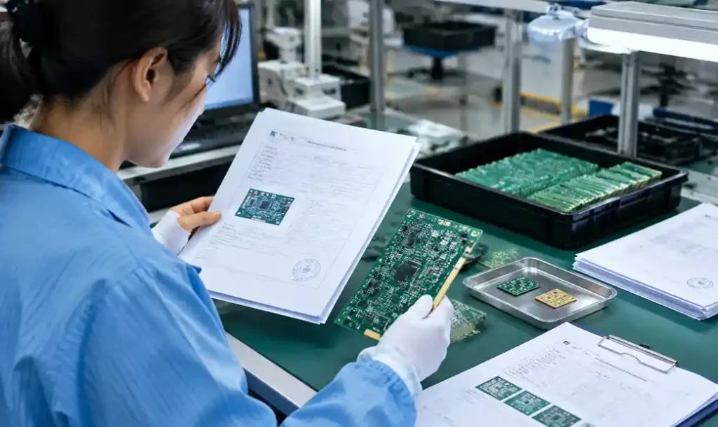 Quality control inspector examining PCB compliance documentation and traceability records