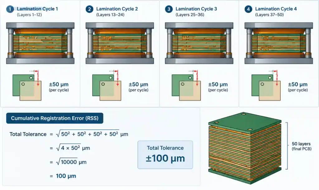 Registration tolerance accumulation through sequential lamination cycles in multilayer PCB manufacturing