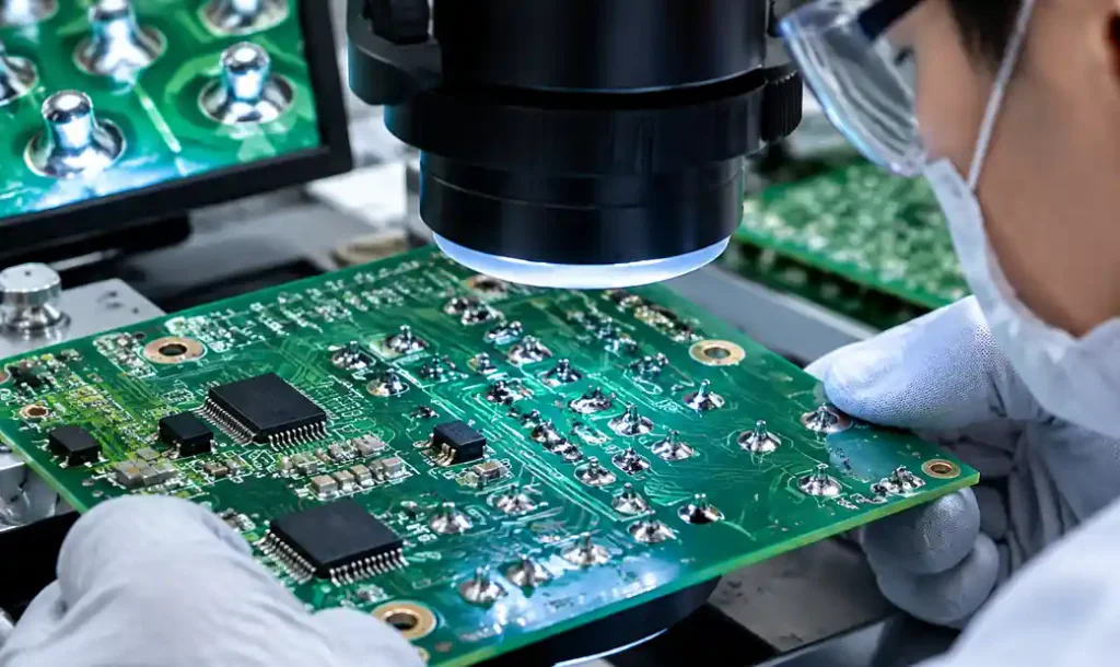 RoHS compliant lead-free PCB solder joints under microscope inspection