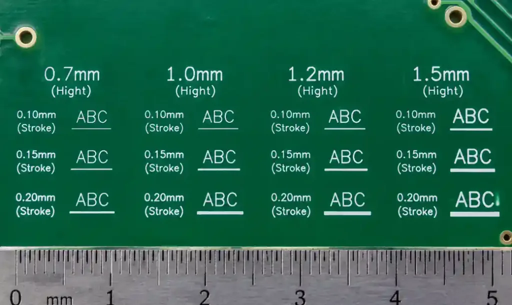 PCB silkscreen showing different text sizes and stroke widths