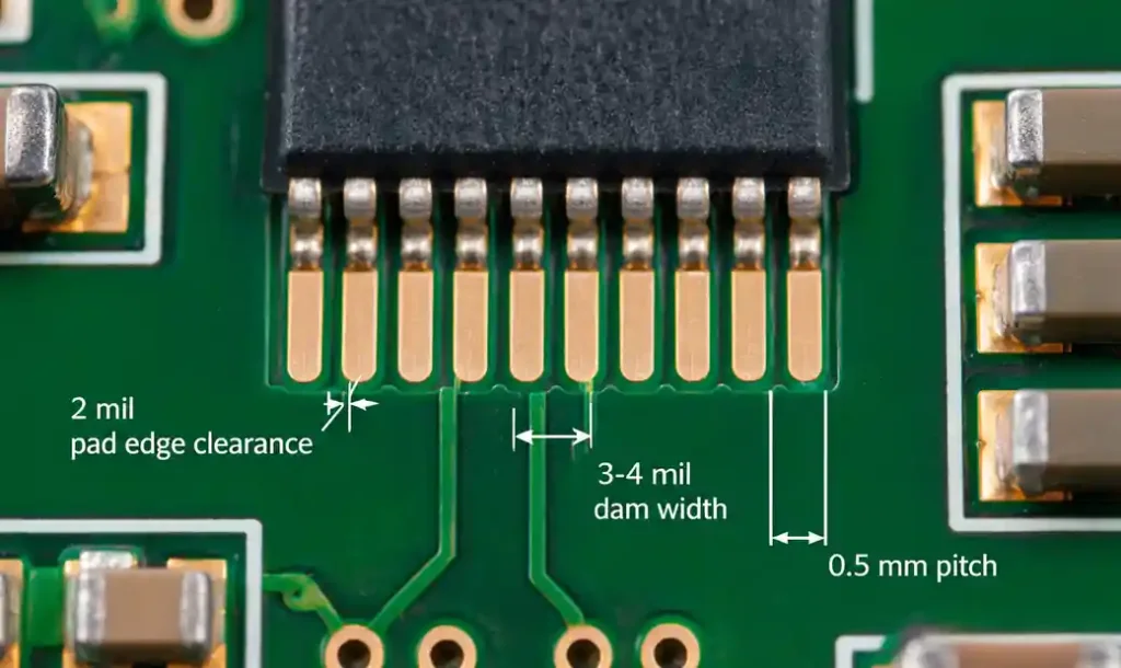 Solder mask clearance and dam width for fine-pitch components