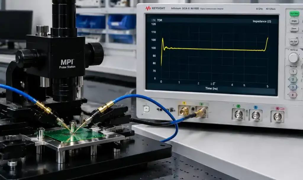 TDR oscilloscope displaying impedance waveform measurement