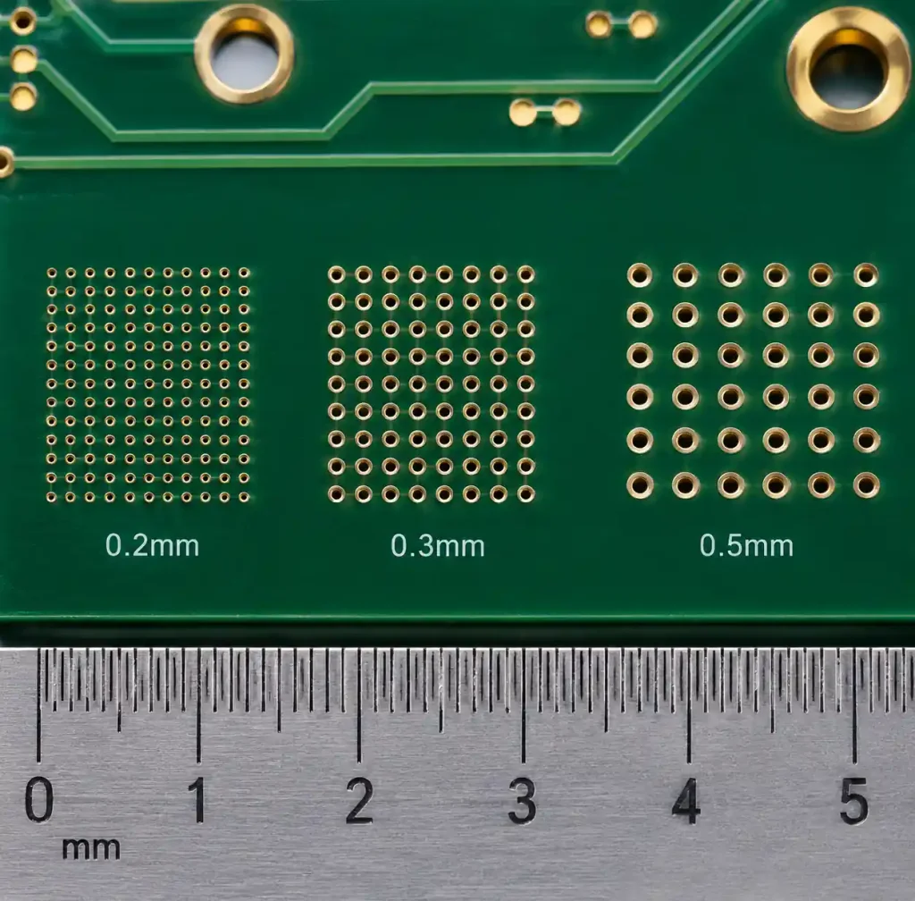 Comparison of different thermal via diameters on PCB showing 0.2mm, 0.3mm, and 0.5mm vias