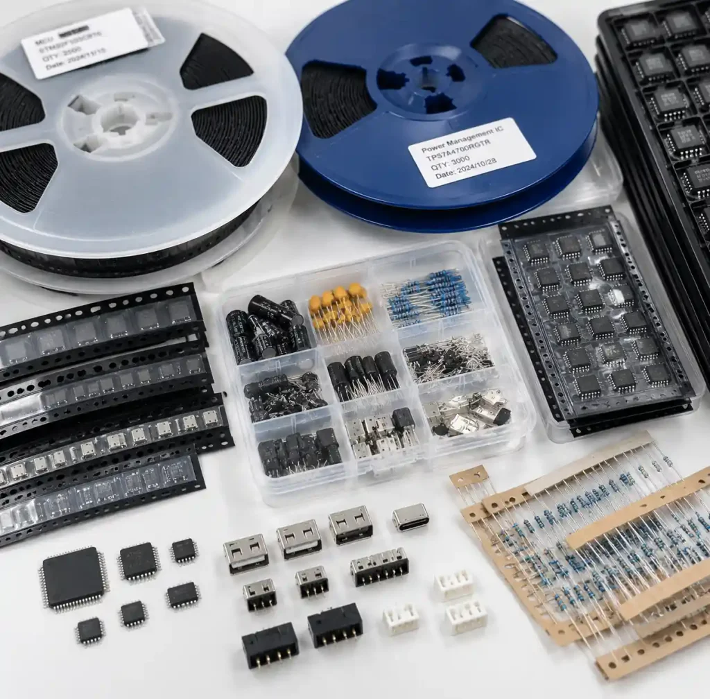Electronic component inventory showing ICs, passives, and connectors for PCB assembly