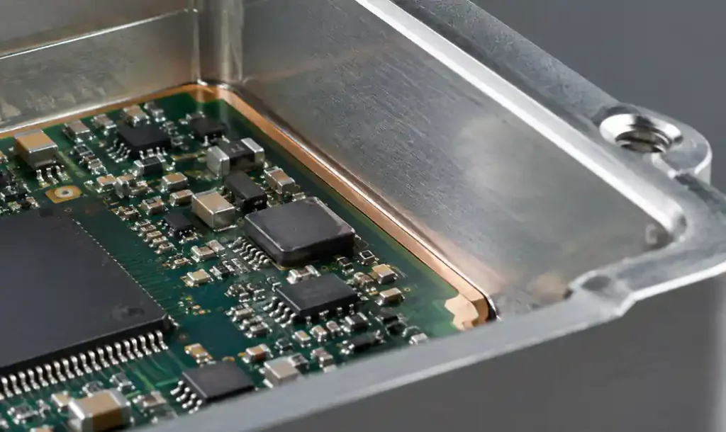 PCB with continuous edge plating for RF shielding and EMI containment in metal enclosure