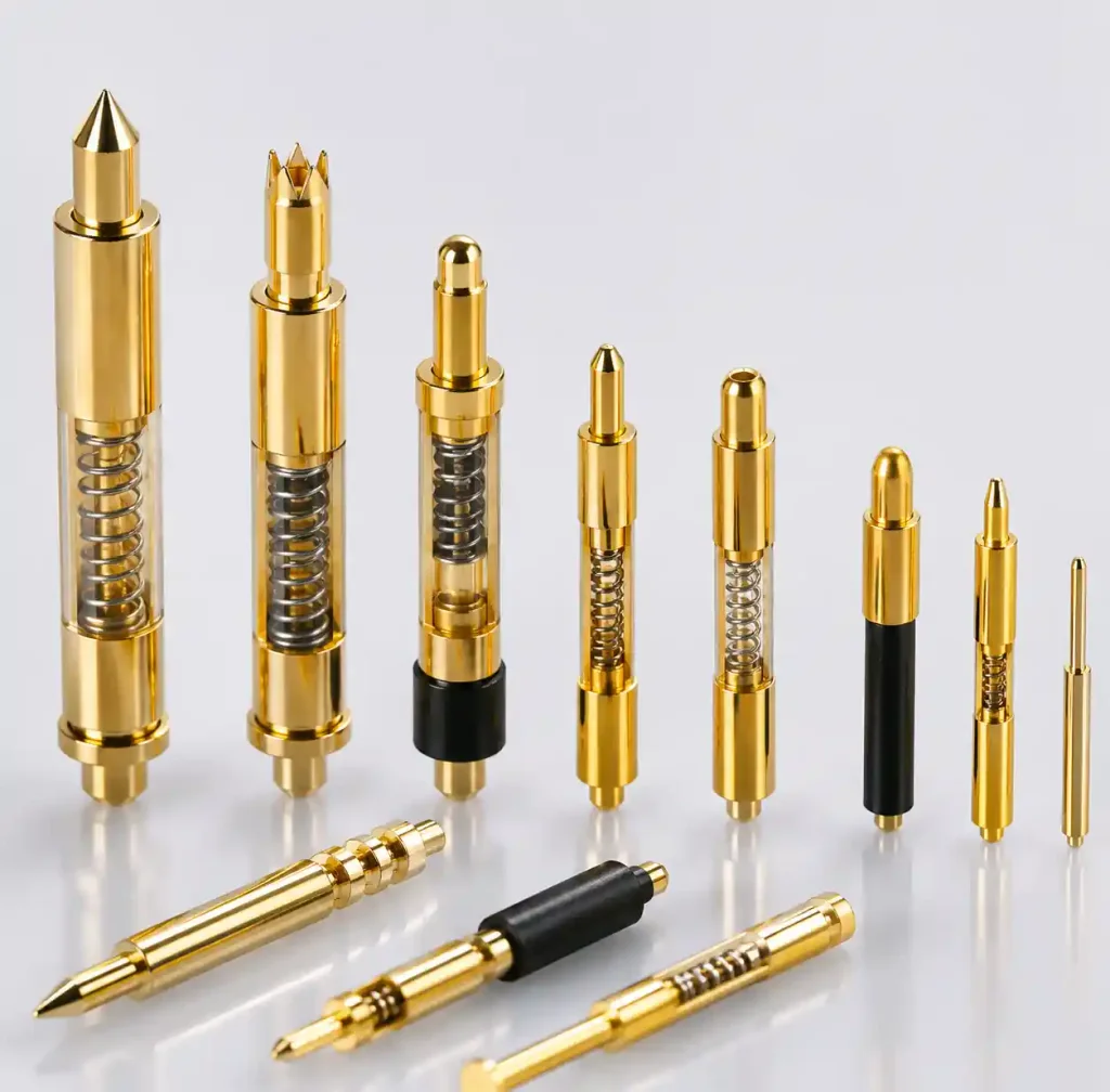 Gold-plated pogo pins with various tip styles for test fixtures