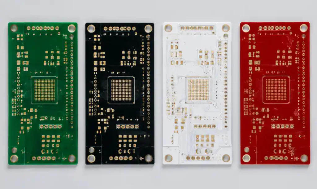 PCB soldermask color comparison showing green, black, white, and red boards
