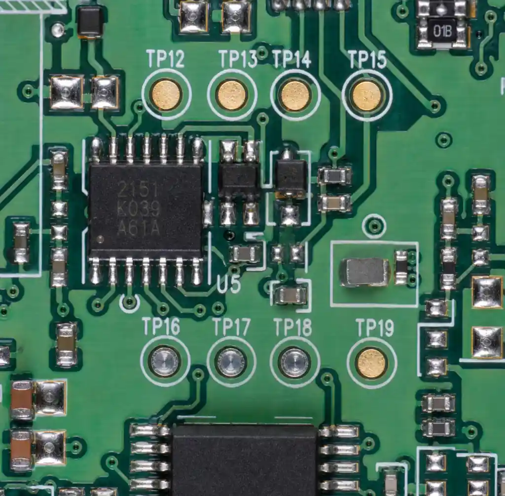 Close-up view of PCB showing proper test point placement and clearance areas
