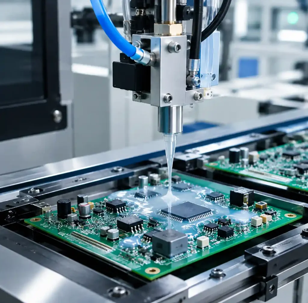 Silicone conformal coating being applied to PCB assembly