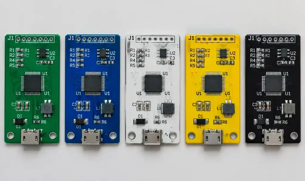 Different PCB silkscreen color and solder mask combinations showing contrast levels