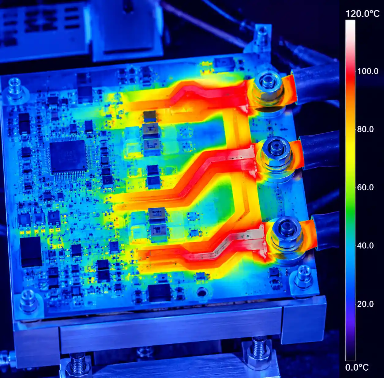 Thermal imaging of high current PCB traces showing temperature distribution