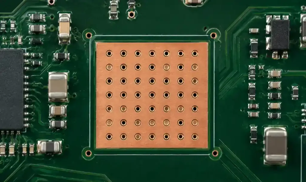 Thermal via array pattern under QFN package thermal pad showing optimal spacing