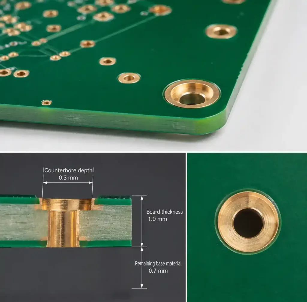 Thin PCB with counterbored mounting holes showing remaining material thickness