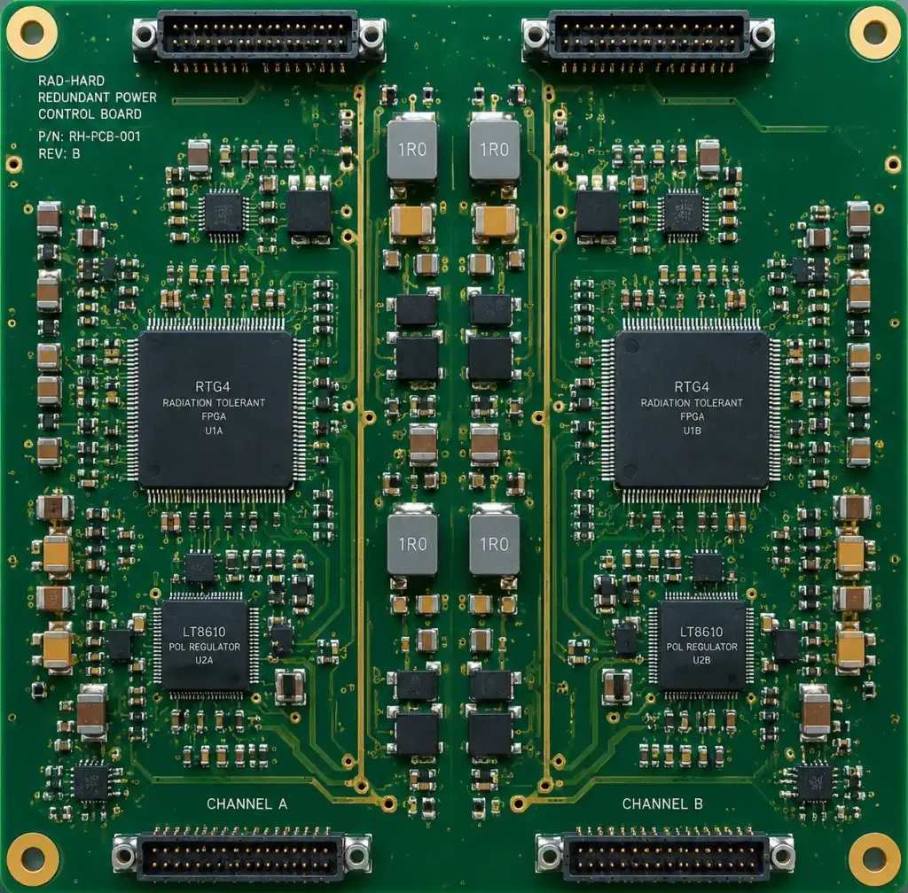 PCB layout showing triple modular redundancy circuit design for radiation hardening