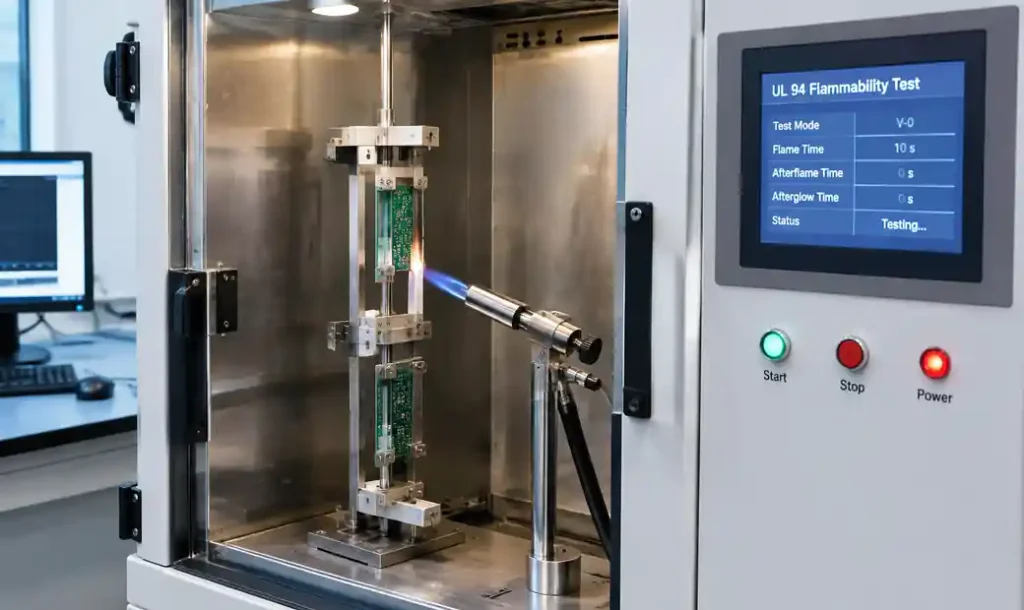 UL 796 flammability testing apparatus for PCB V-0 flame rating verification