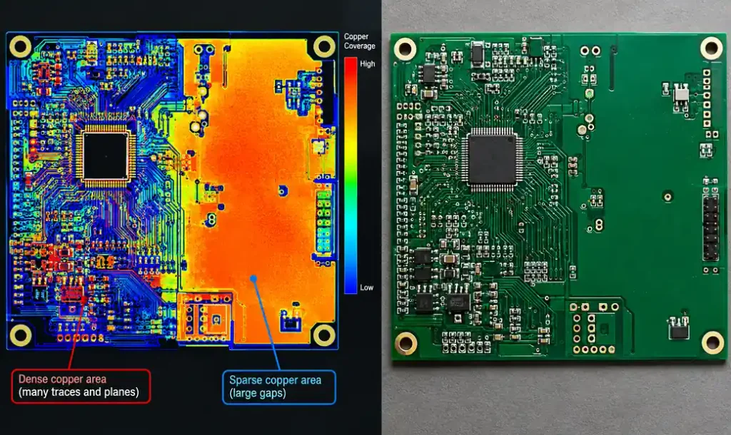 PCB layer showing uneven copper distribution pattern