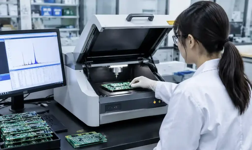 XRF testing equipment performing RoHS substance analysis on PCB materials