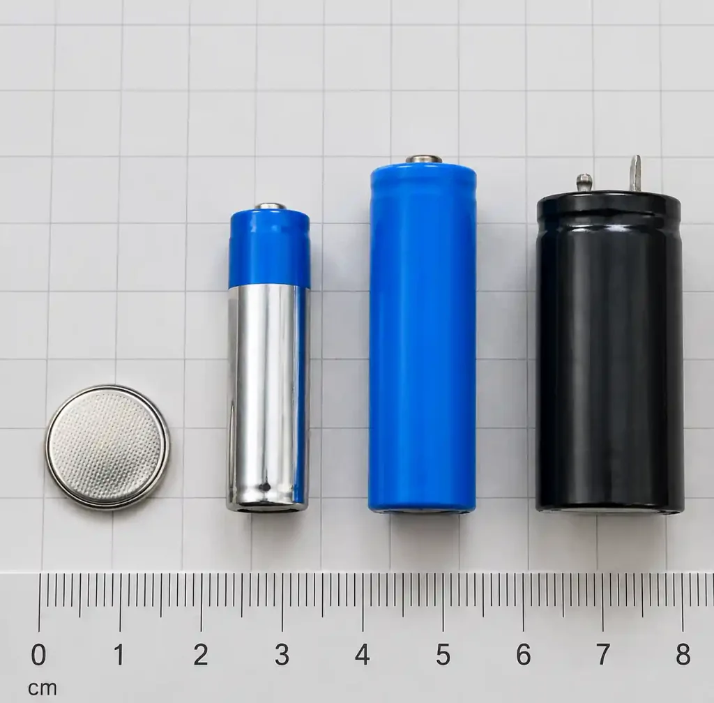 Different battery types for IoT devices including coin cell, lithium-ion, and supercapacitors