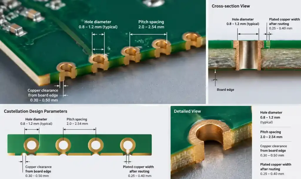 PCB castellated edge showing hole diameter, spacing, and copper clearance measurements