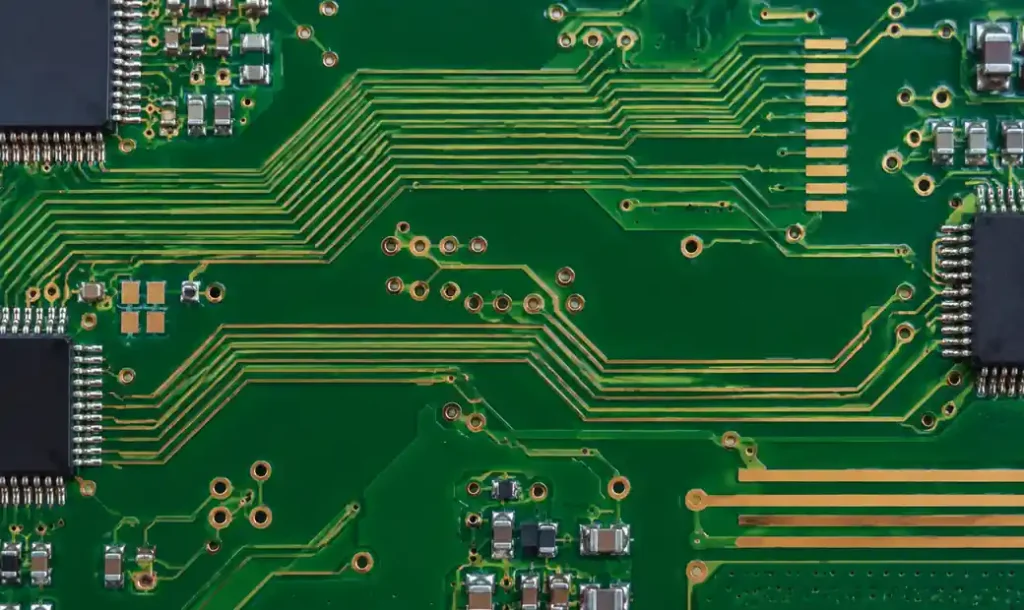 Controlled impedance PCB traces showing differential pairs and microstrip routing