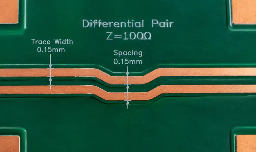 Differential pair impedance coupon showing trace spacing