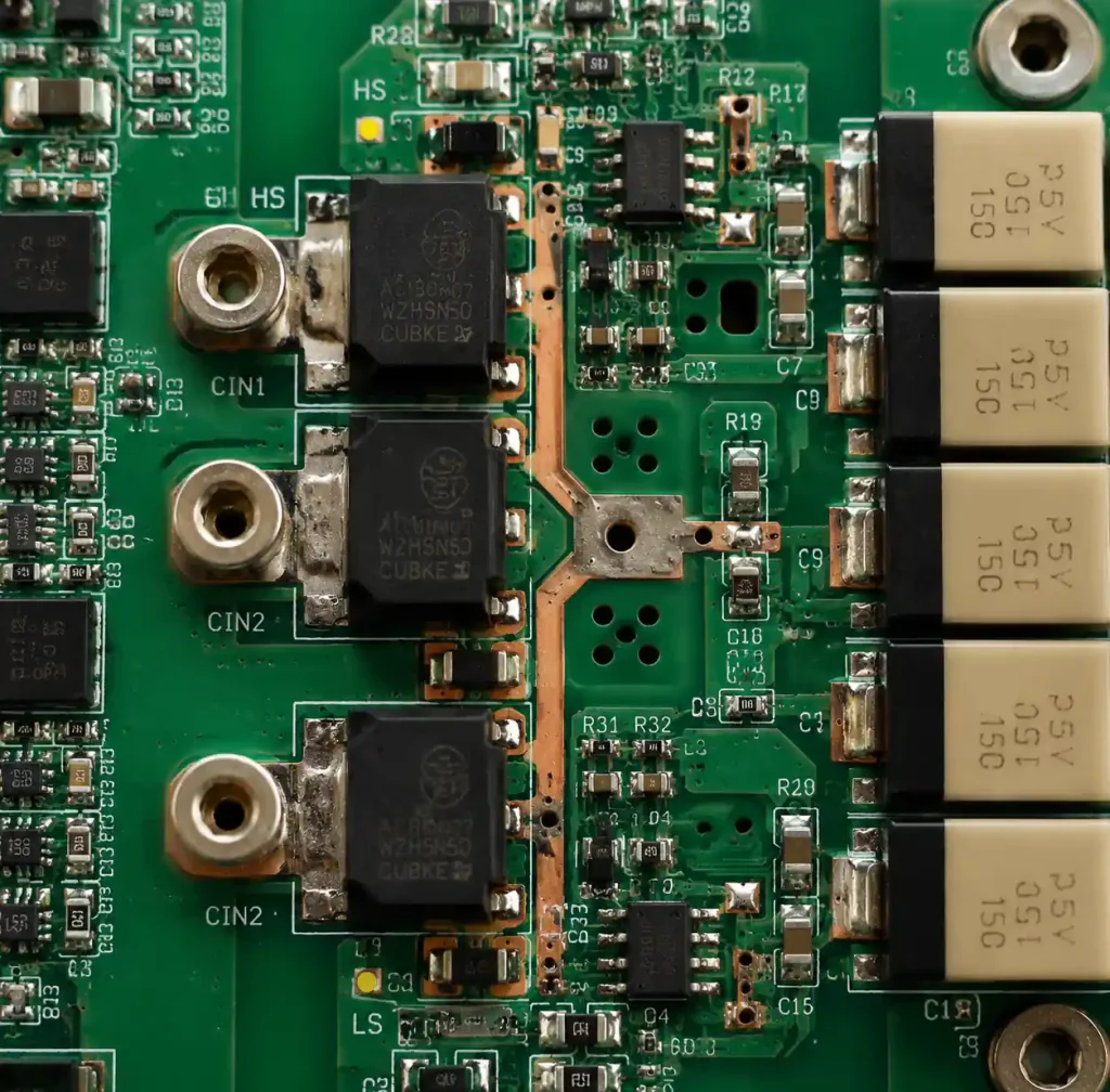 Half-bridge power stage PCB layout showing minimal switching node copper area