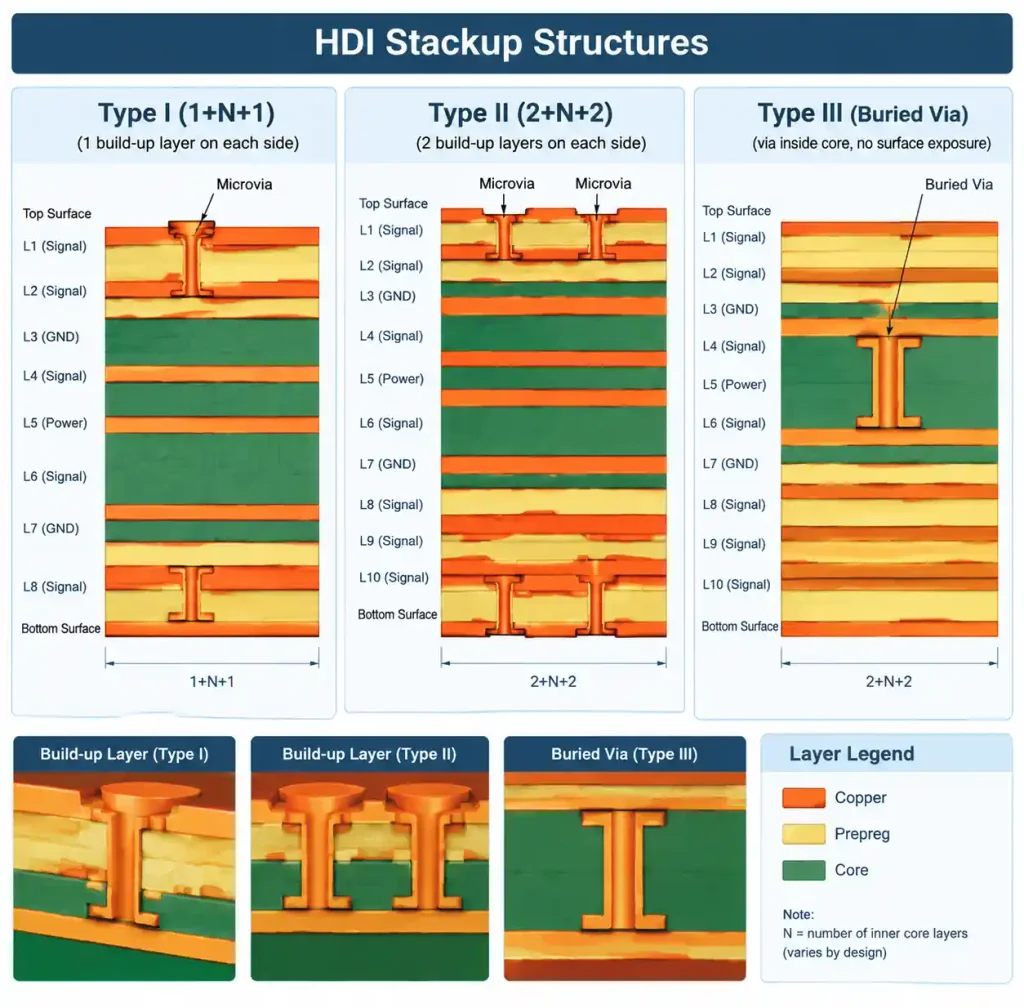 HDI PCB stackup diagram showing Type I and Type II build-up layer configurations