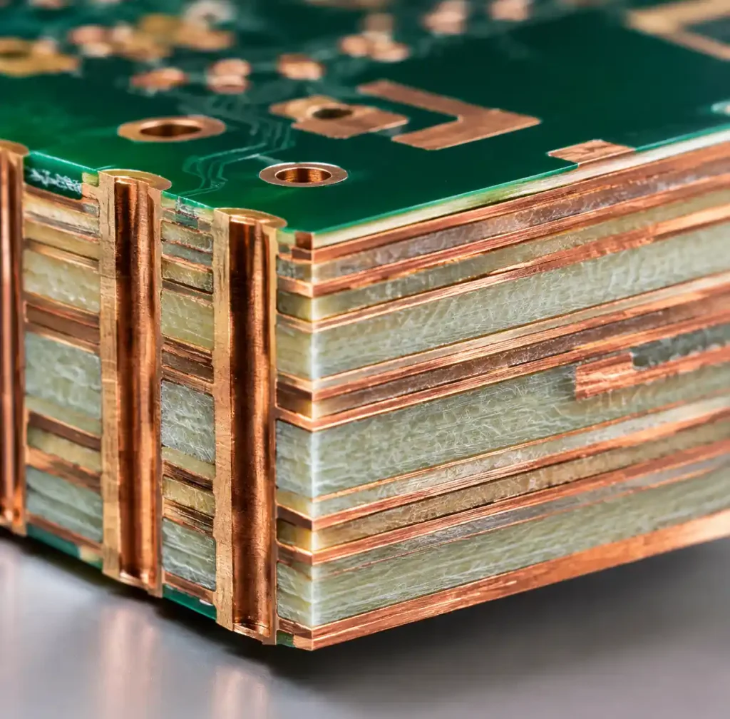 Multilayer RF PCB stackup showing signal, ground, and power layer arrangement