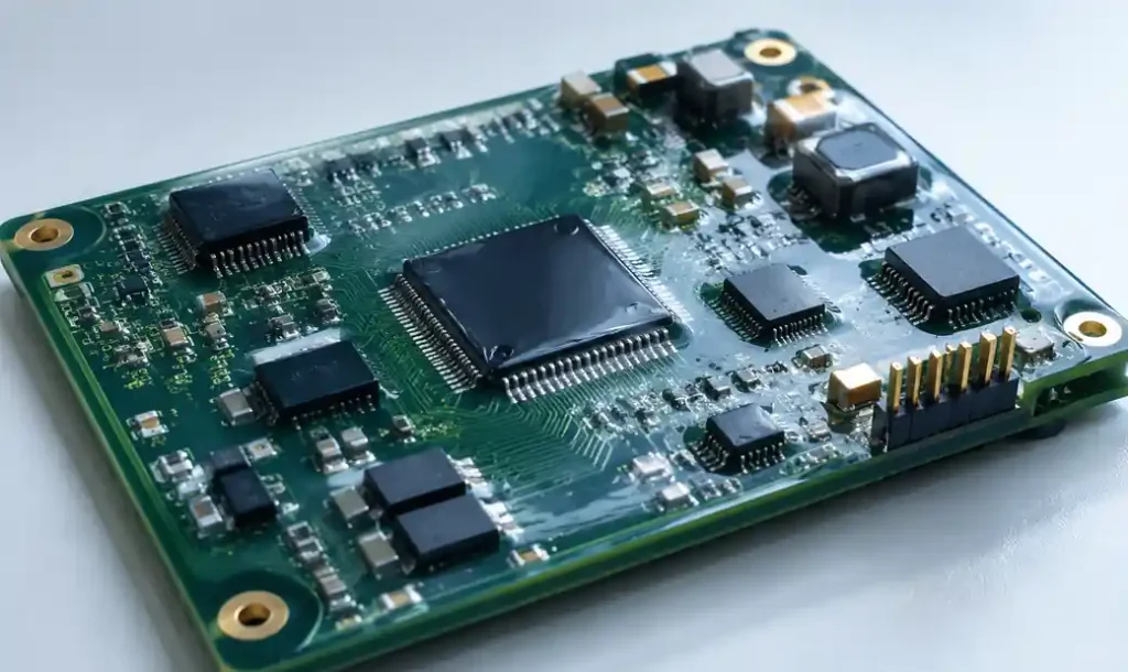 Parylene-coated PCB assembly showing uniform coverage