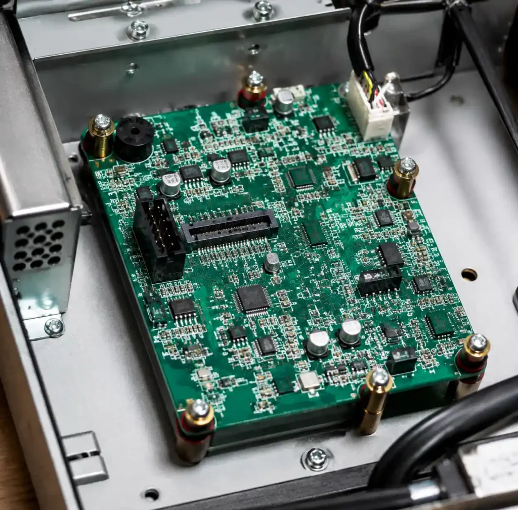 PCB mounting points with standoffs and grommets for vibration isolation